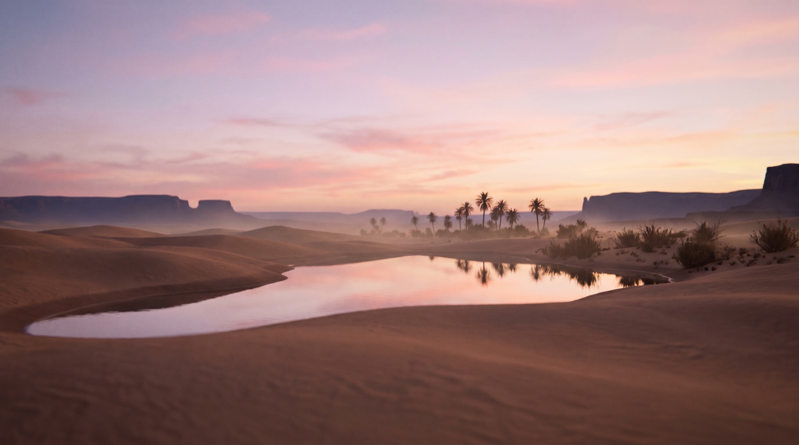 A calm desert oasis at dusk with dunes and a still reflective pool, in Evara's brand style