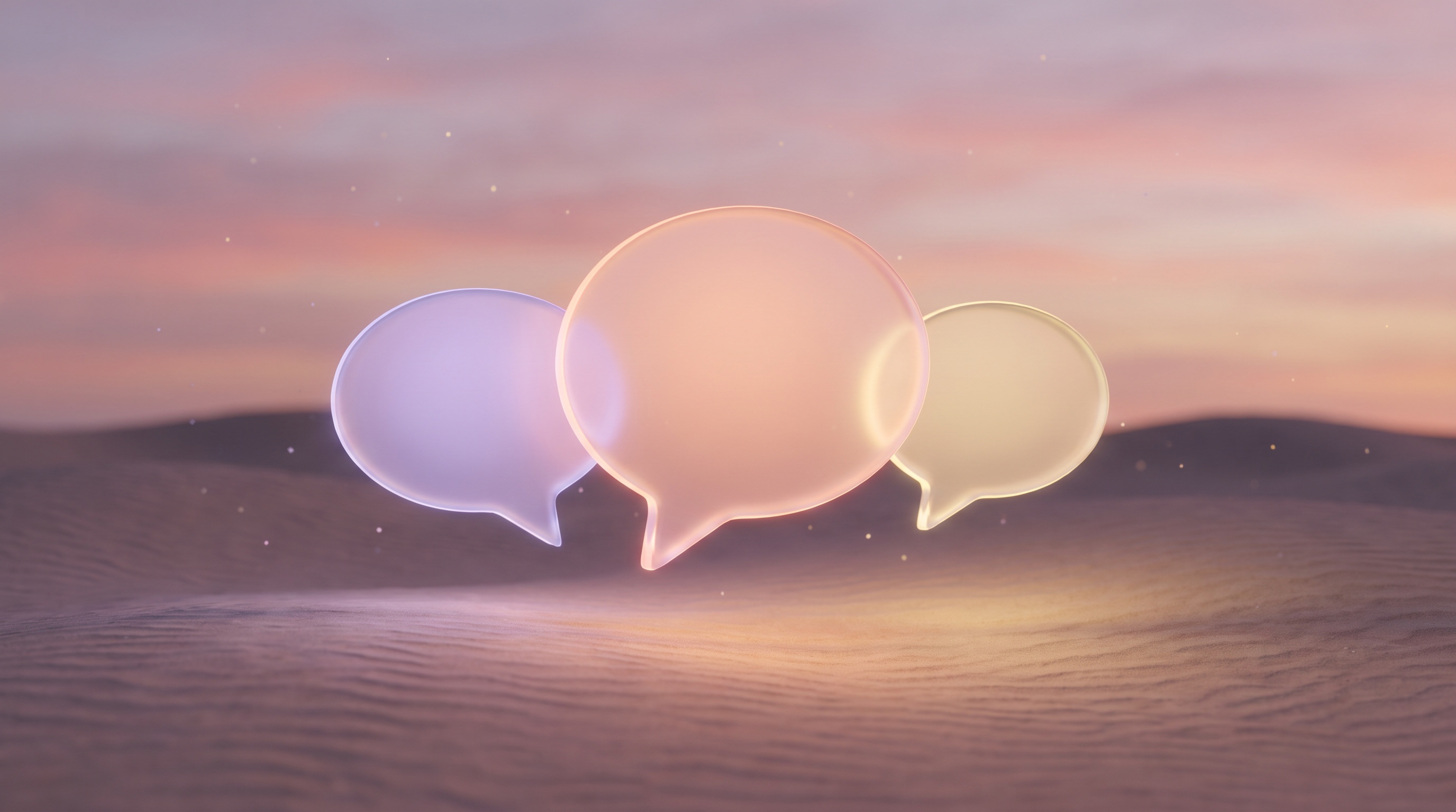 Three glass speech bubbles of different sizes over a dusk landscape, showing how ChatGPT, Gemini and Perplexity give three different answers about the same business
