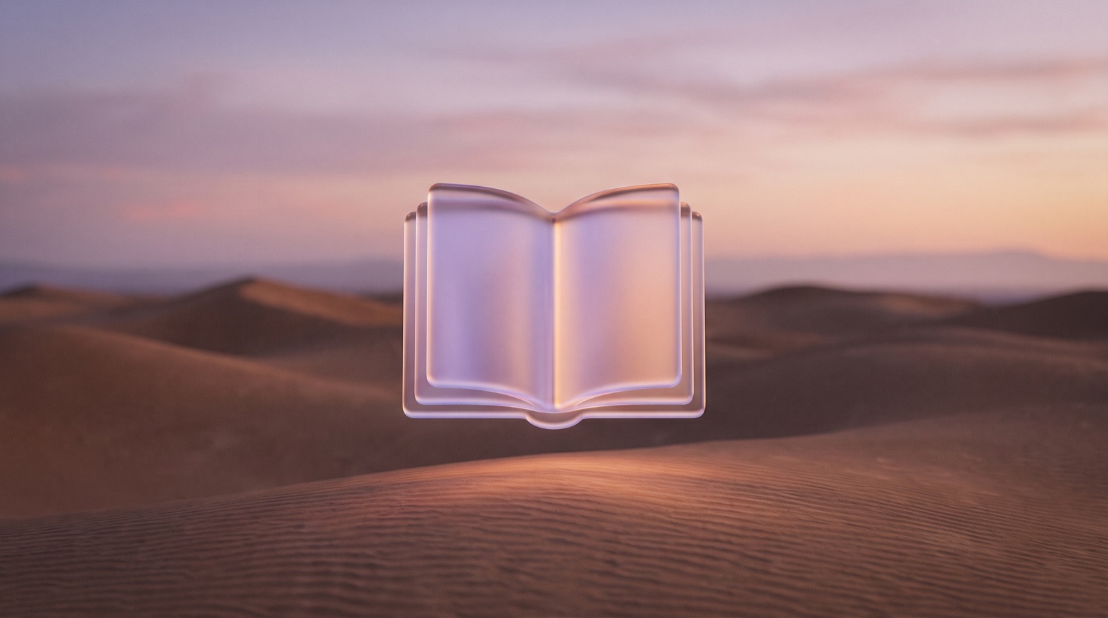 A glass open book, over an Evara dusk landscape