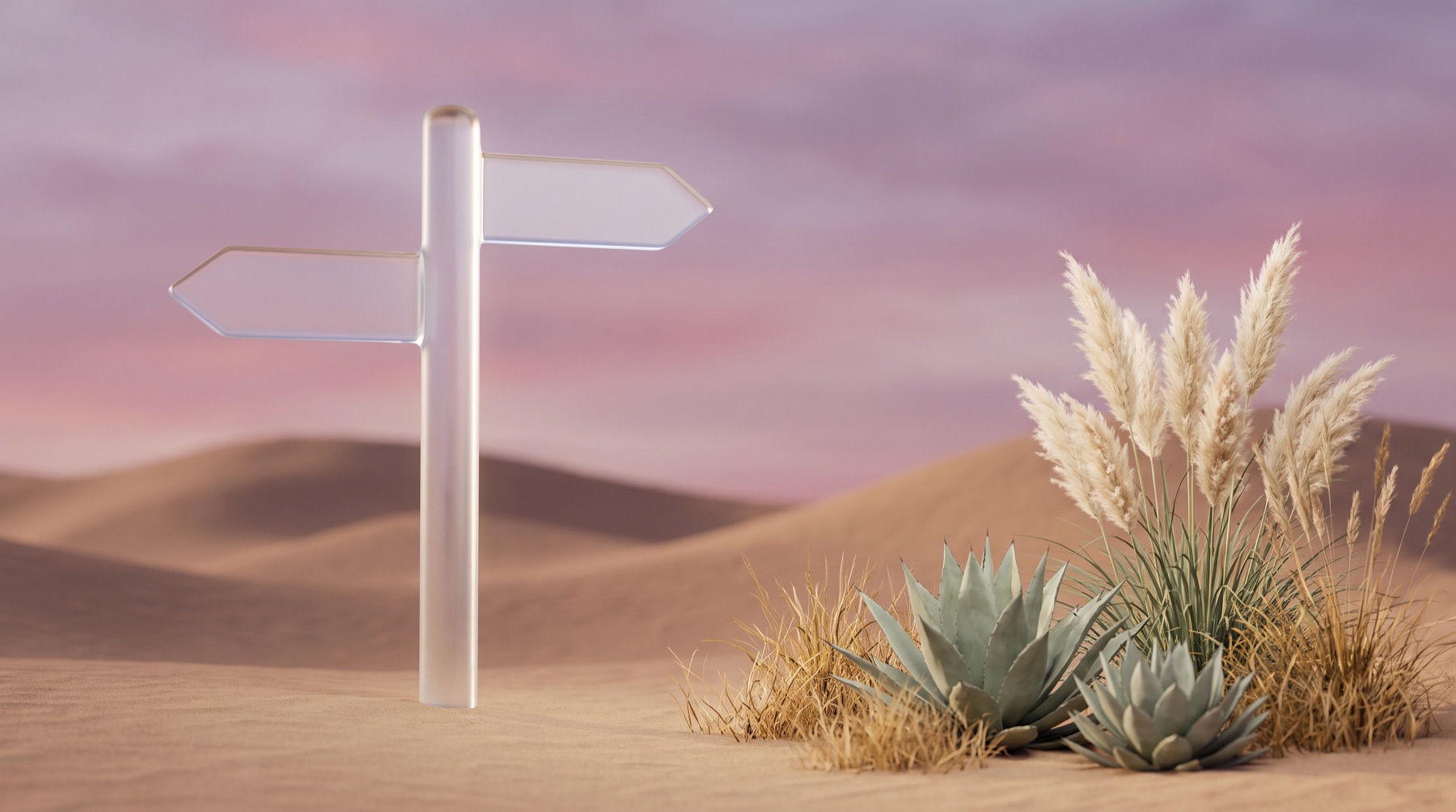 A glass crossroads signpost over a dusk landscape, illustrating the choice between hiring an AI visibility agency and doing it yourself
