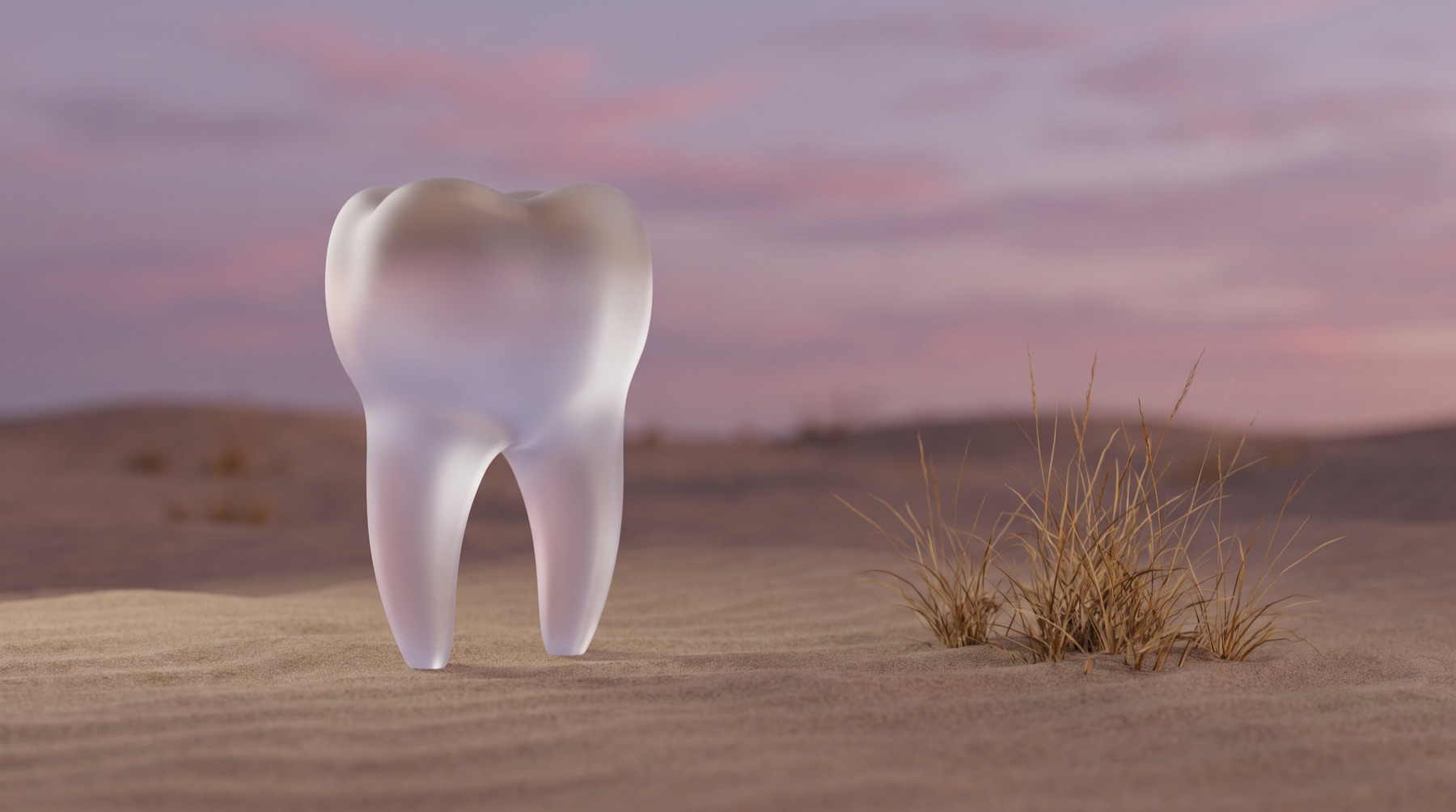 A glass molar tooth over a dusk landscape, illustrating dental practices appearing in AI search