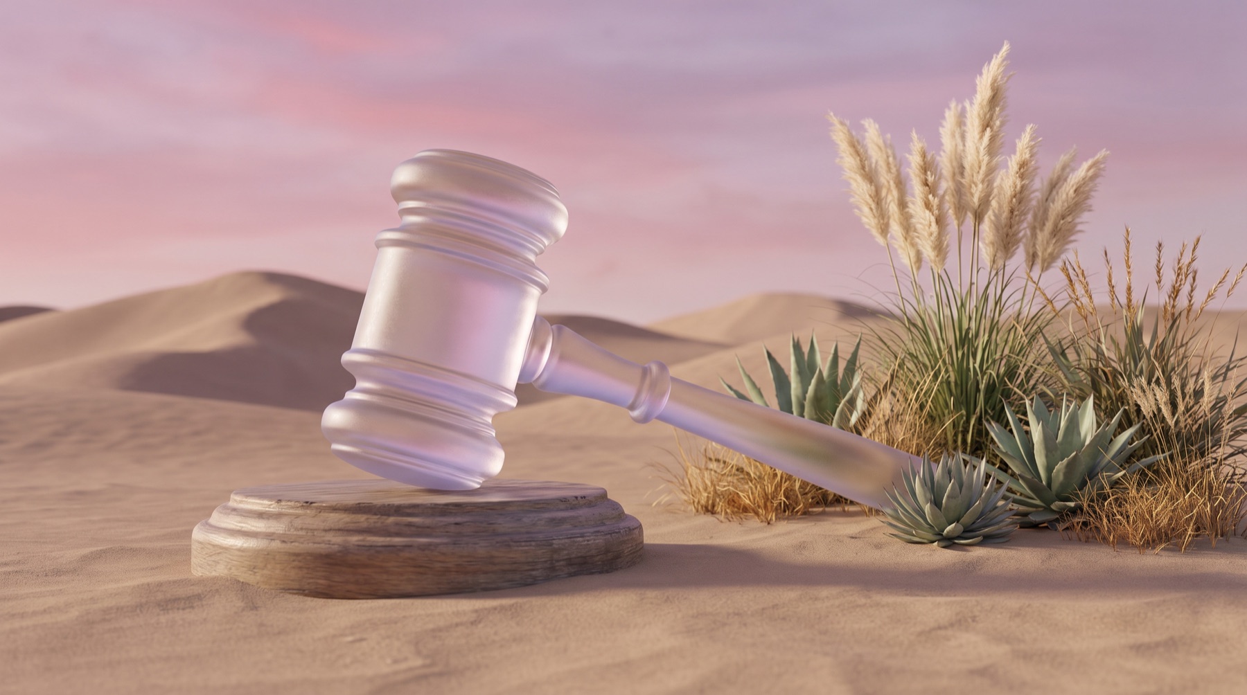 A glass judge's gavel over a dusk landscape, illustrating law firms getting found in AI search