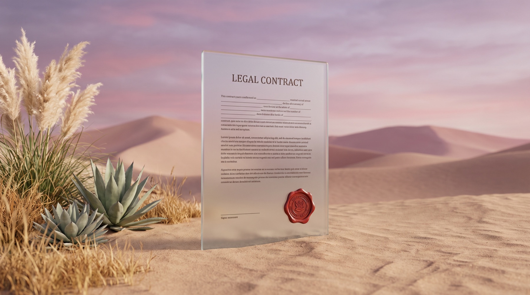 A glass legal document over a dusk landscape, illustrating a law firm's practice areas made readable to AI