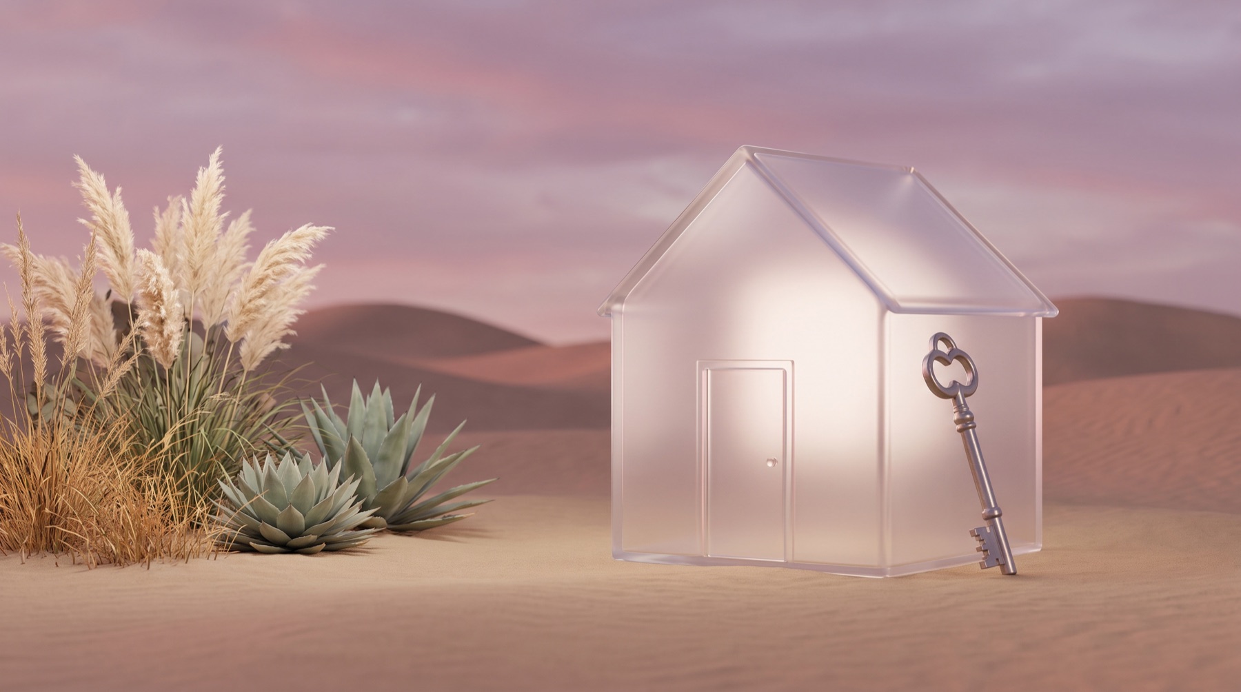 A glass house with a key over a dusk landscape, illustrating mortgage brokers getting found in AI search