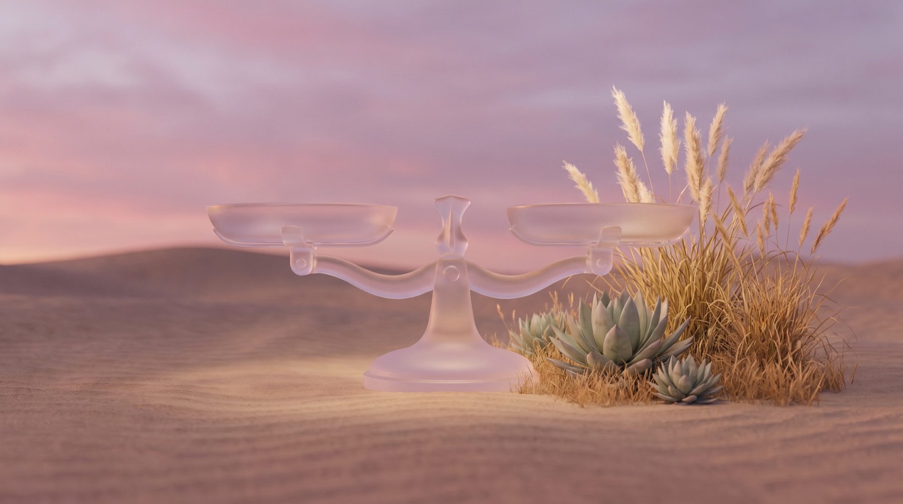 A glass balance scale over a dusk landscape, illustrating the cost of AI visibility weighed against its value