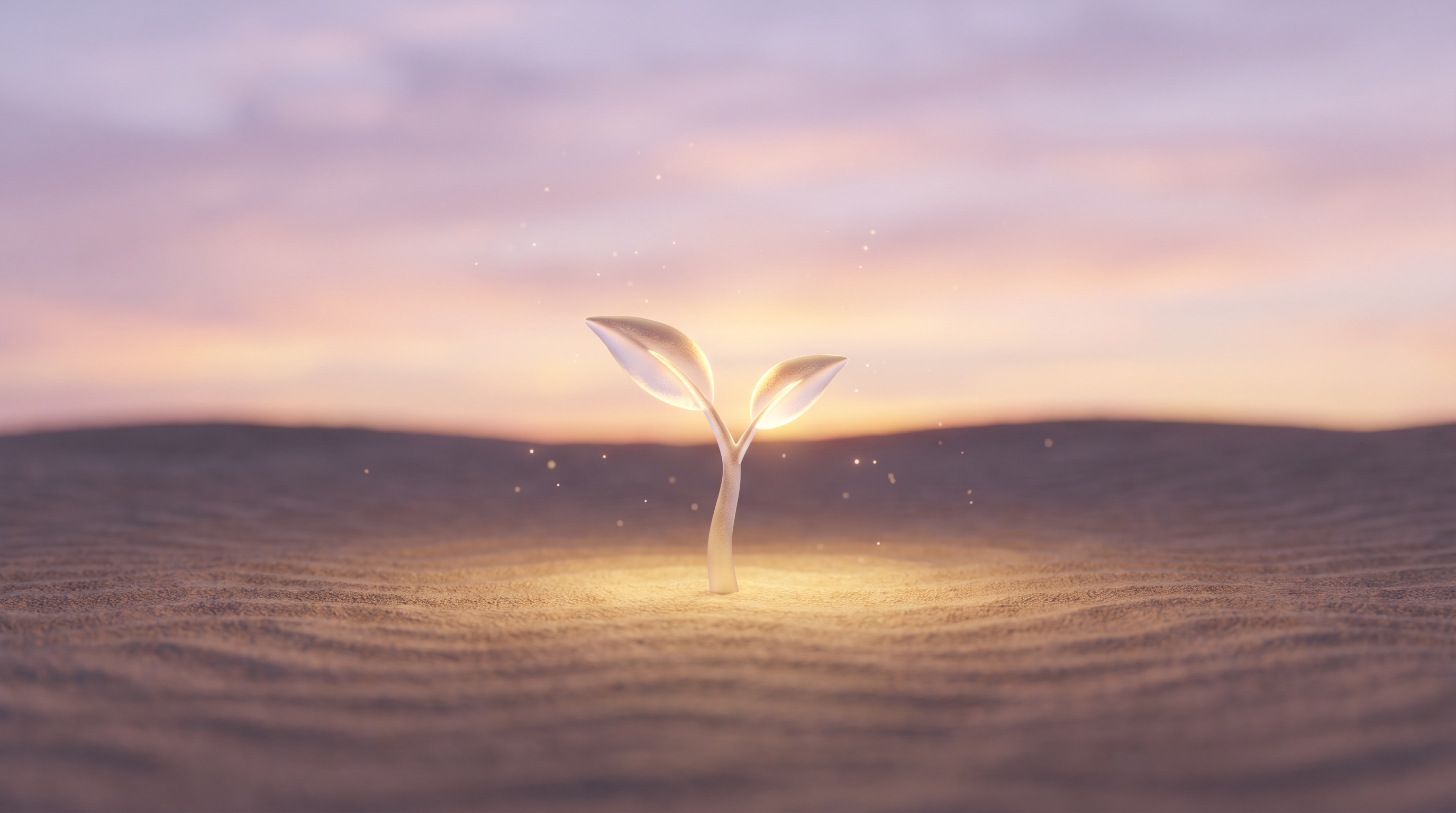 A glowing glass seedling growing from the sand at dusk, illustrating a small investment in AI visibility that grows over time