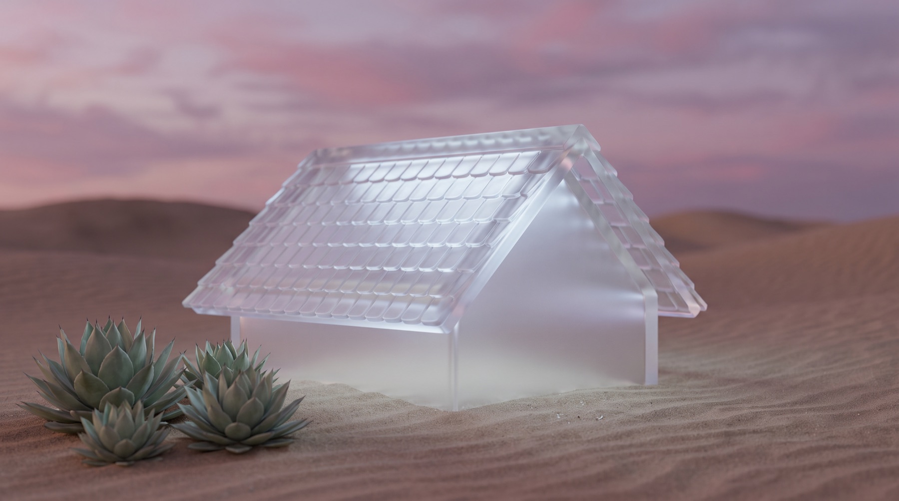 A glass pitched roof over a dusk landscape, illustrating roofing companies getting recommended in AI search