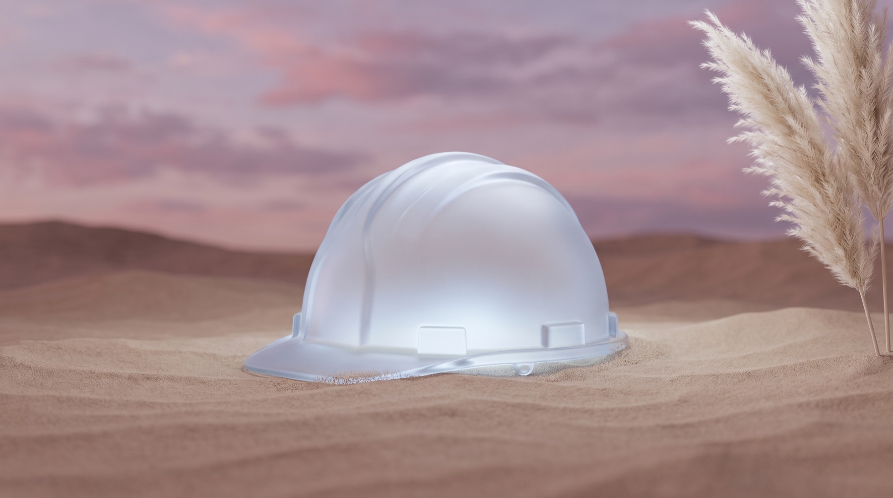 A glass hard hat over a dusk landscape, illustrating a roofing company's trust signals made readable to AI