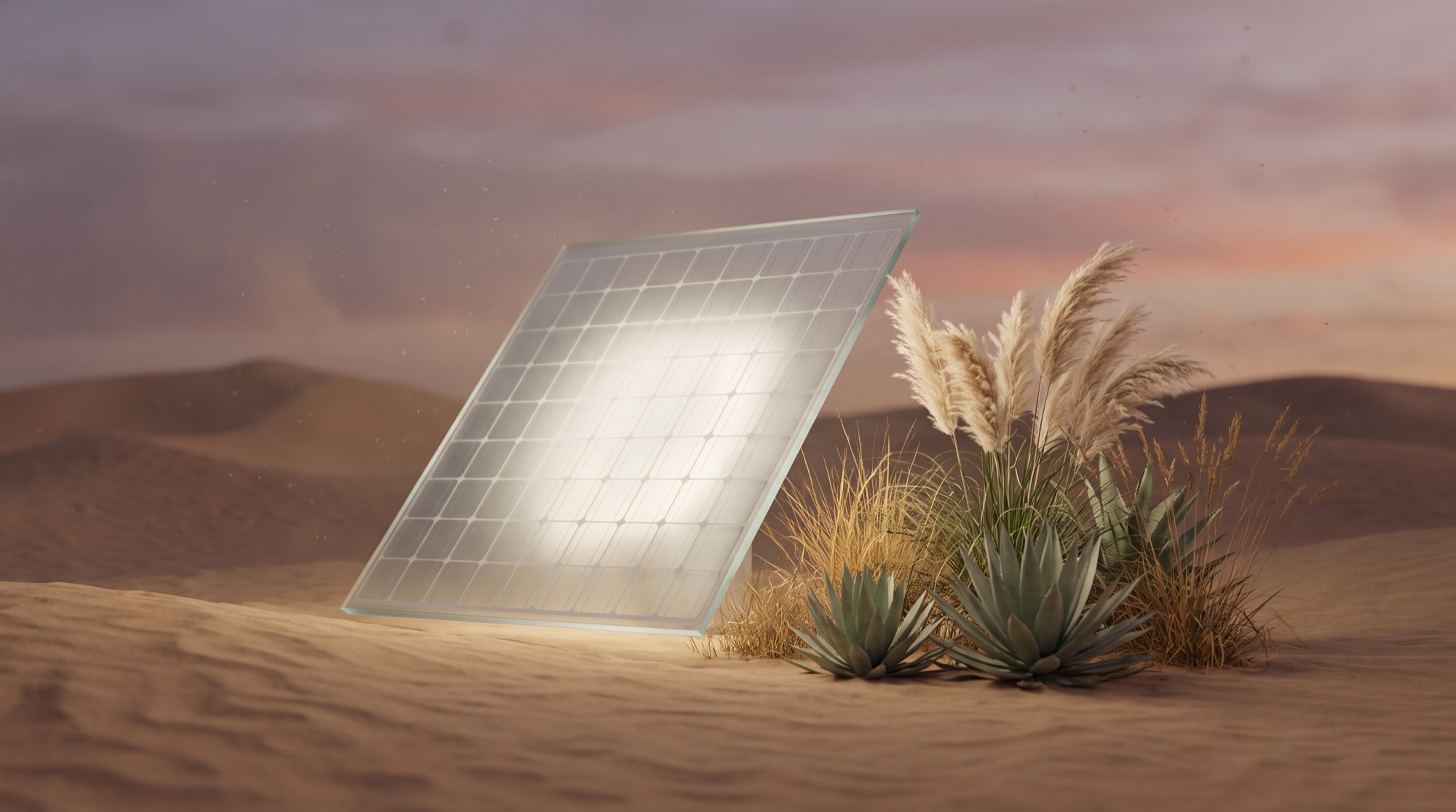 A glass solar panel catching the light over a dusk landscape, illustrating solar installers getting found in AI search