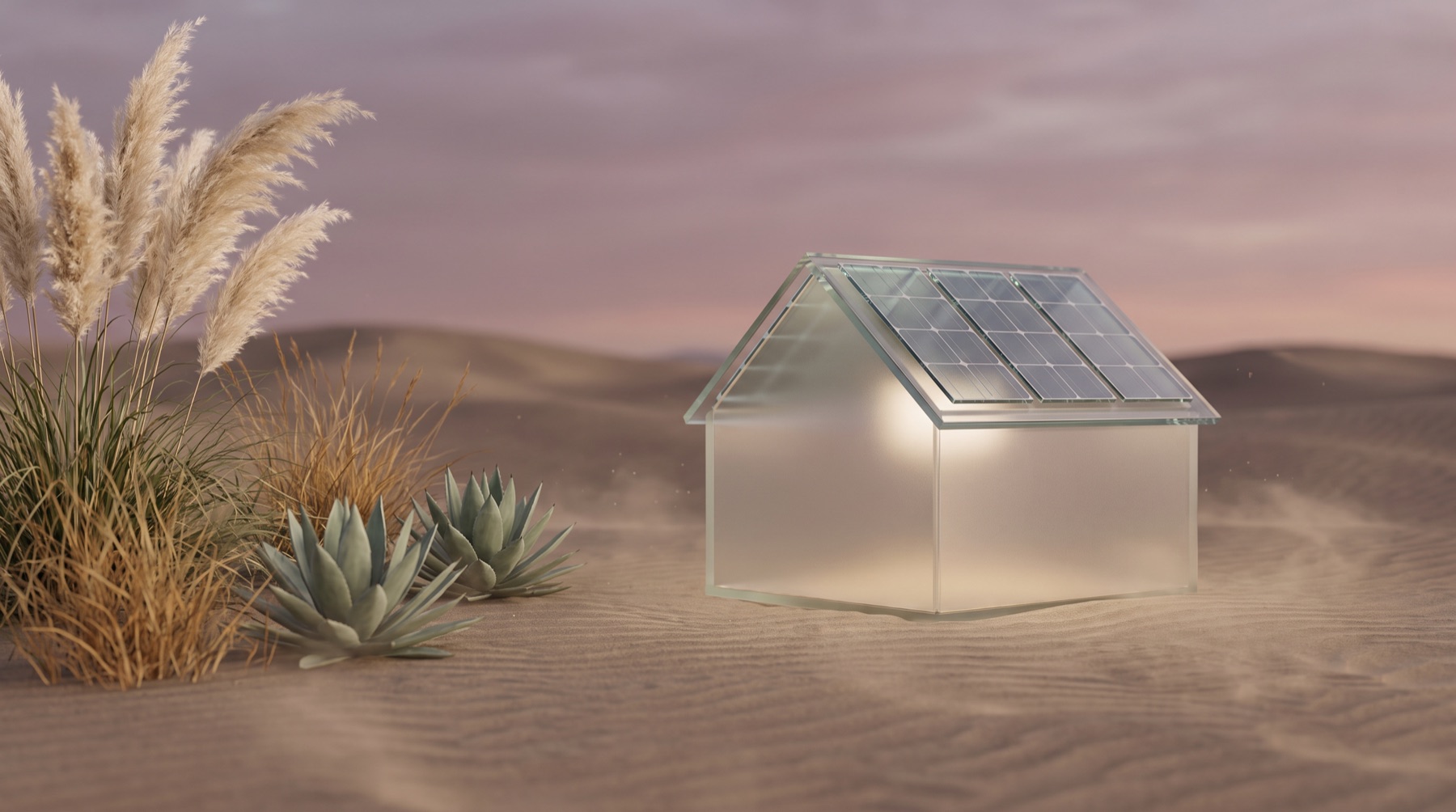 A glass house with a solar panel array on its roof over a dusk landscape, illustrating a solar installer's work made visible to AI