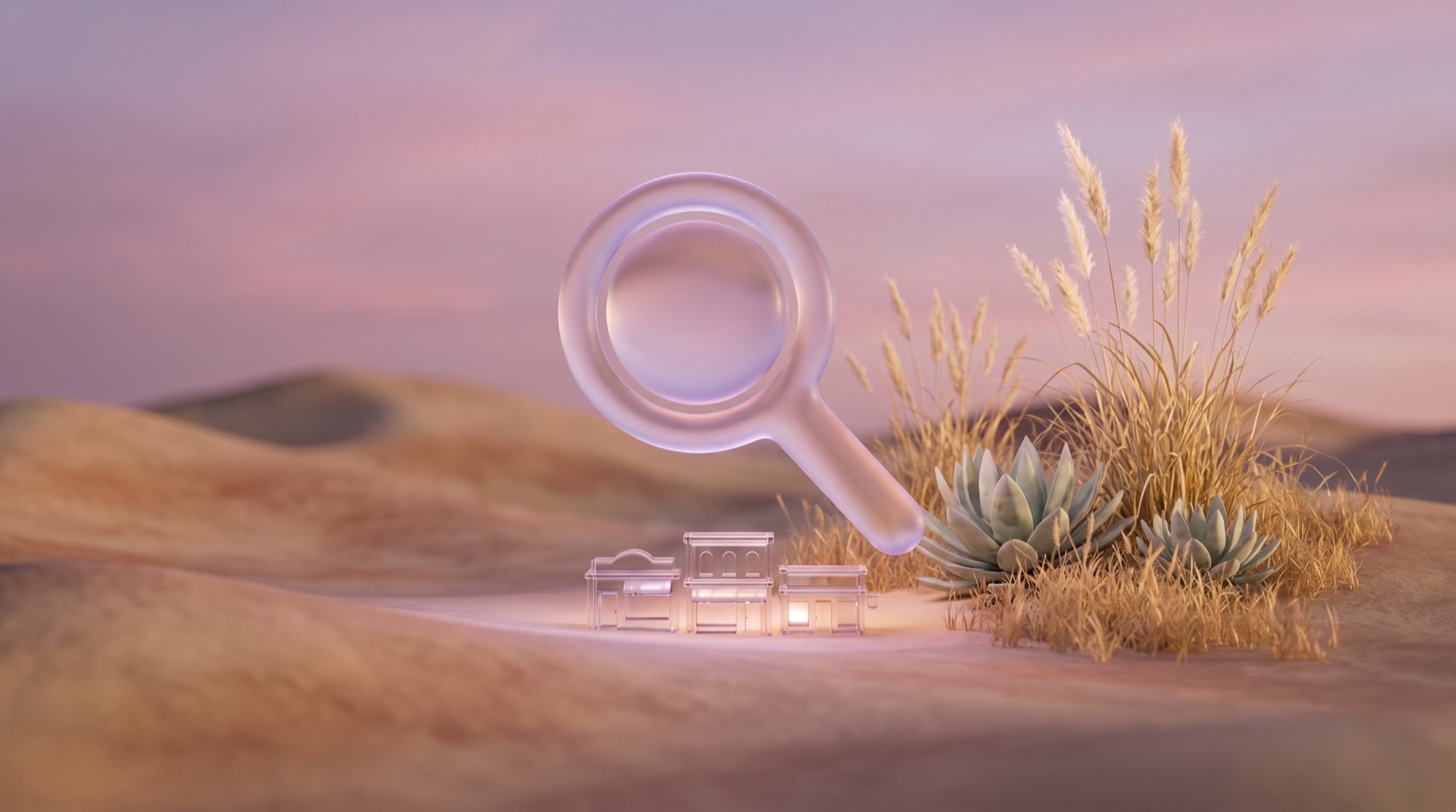 Glass magnifying glass over small shops, illustrating small business visibility in AI search