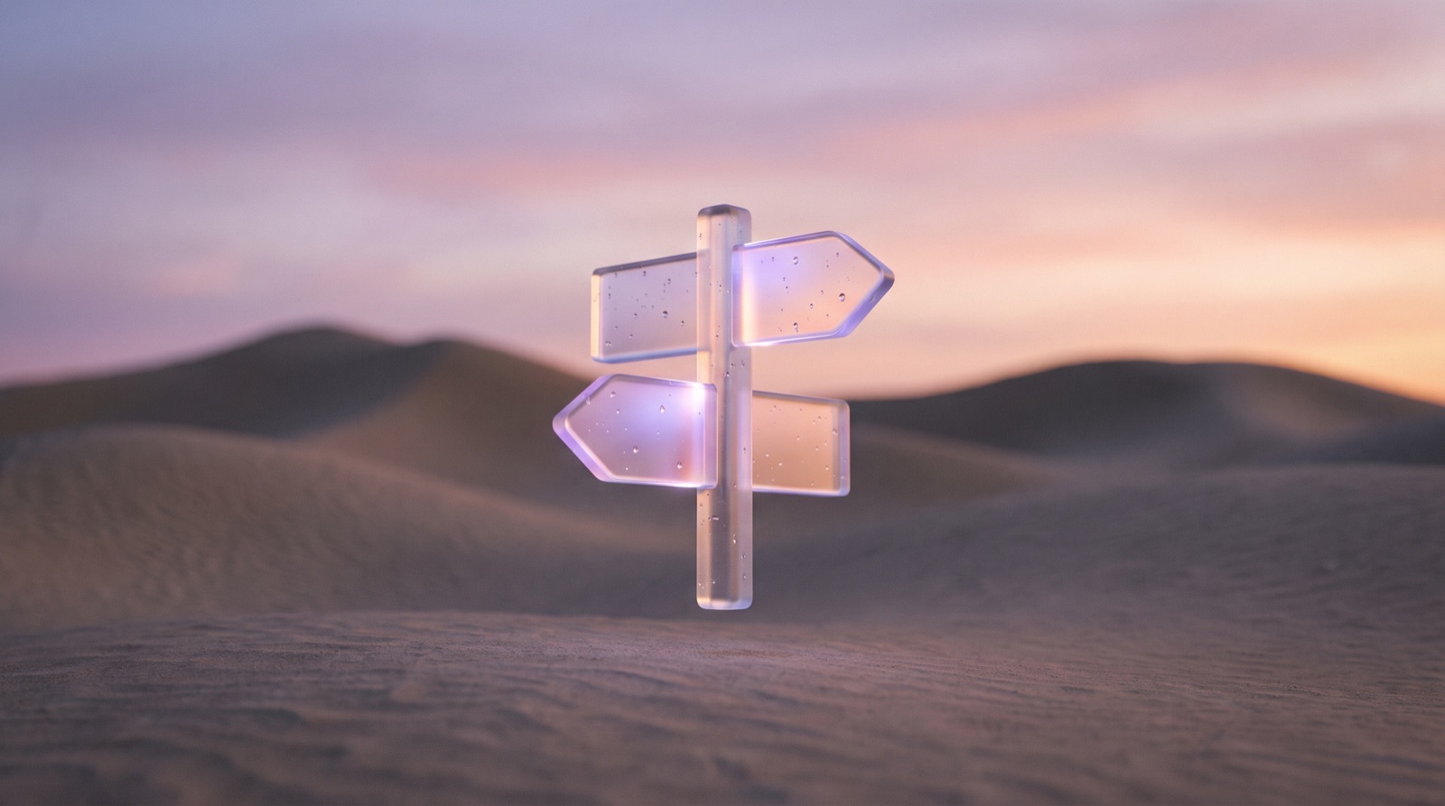 The AI search shift shown as a glass signpost pointing two ways, the old click-through path and the new AI-answer path