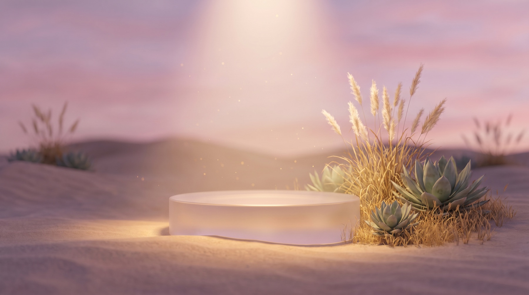 An empty glass pedestal in a spotlight over a dusk landscape, illustrating a business missing from AI search
