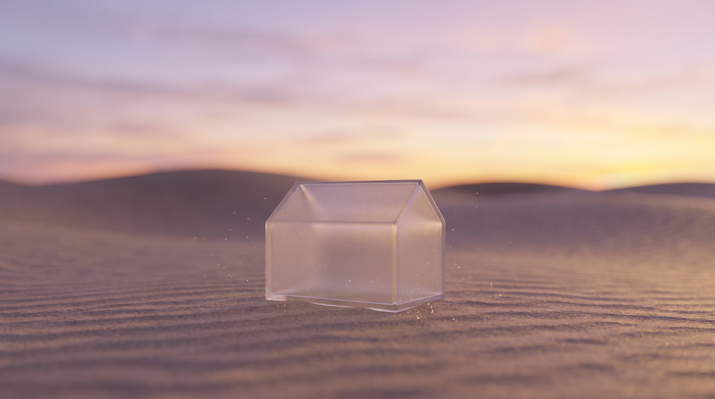 A frosted glass building rendered almost fully transparent on a dusk landscape, showing a business that is technically there but invisible to AI