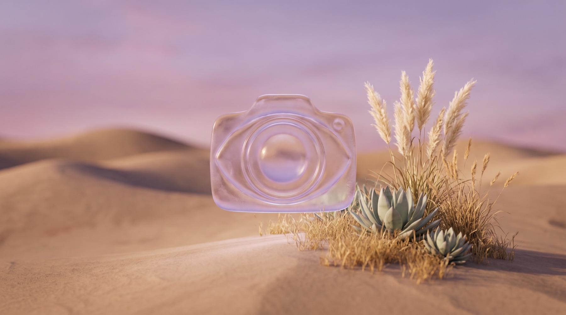 Glass eye over a dusk landscape, illustrating AI visibility