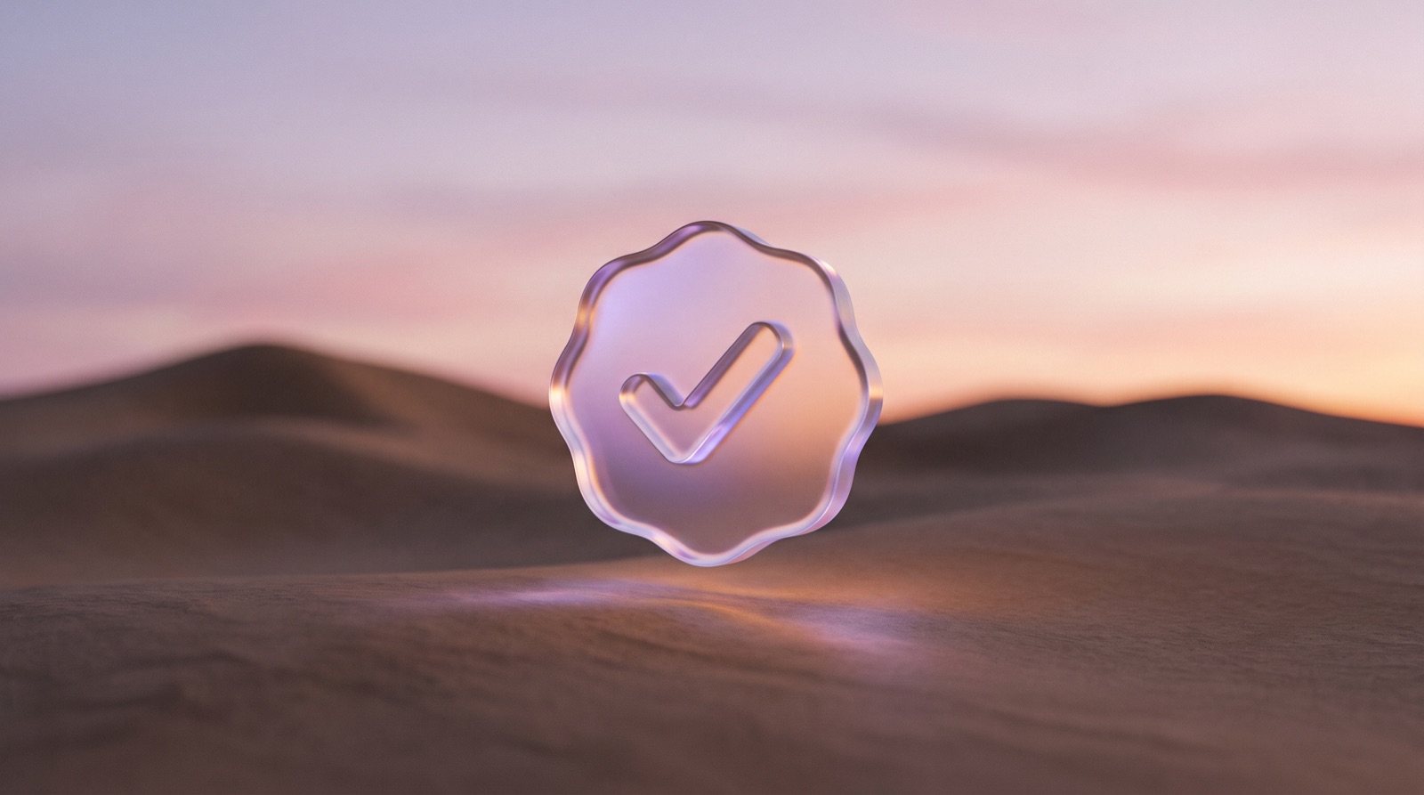 A glass checkmark badge representing consistent business information that AI can trust and repeat