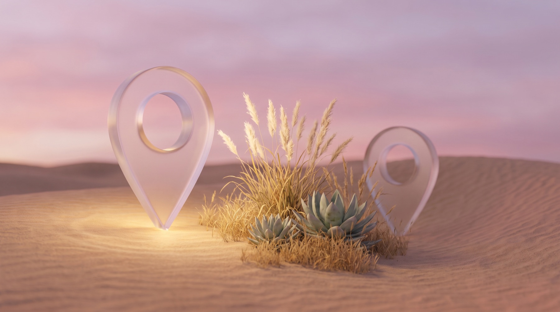Two glass map pins over a dusk landscape, one bright and one dim, illustrating a competitor being recommended by AI