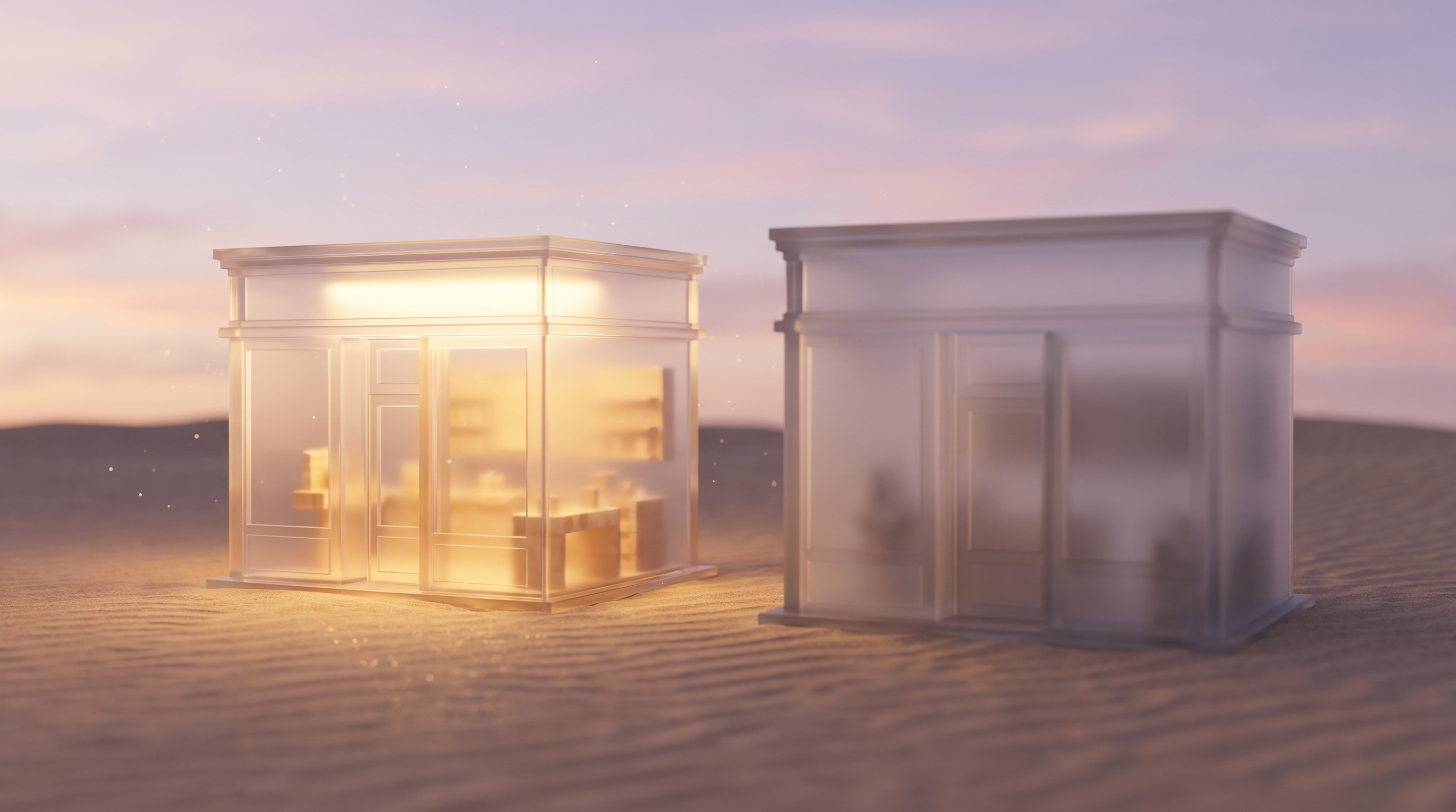 Two glass model storefronts on a dusk landscape, one crisp and brightly lit, the other cloudy and hard to see, showing that AI recommends the business it can read clearly