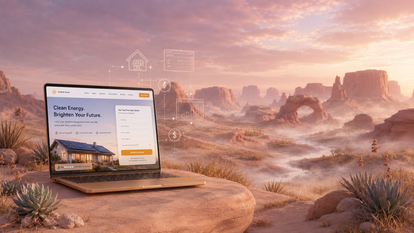 A bespoke, AI-ready solar company website shown on a laptop in an Evara desert dusk landscape